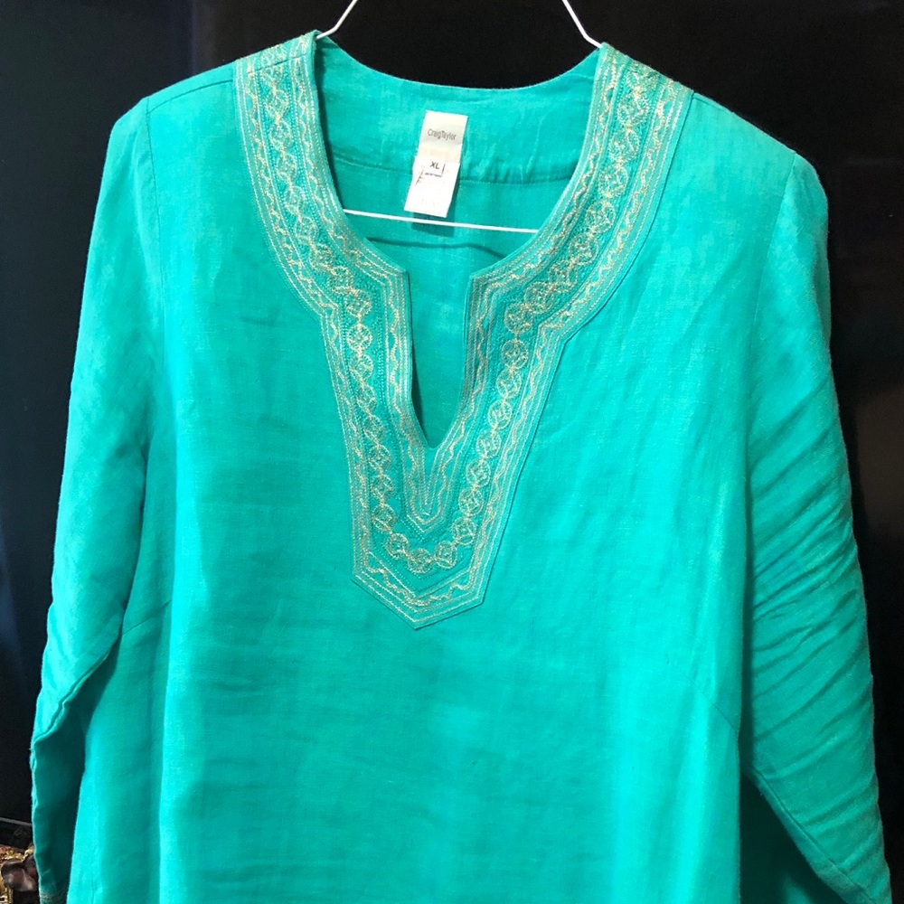 Craig Taylor teal blouse tunic XL fit trixie linen shirt